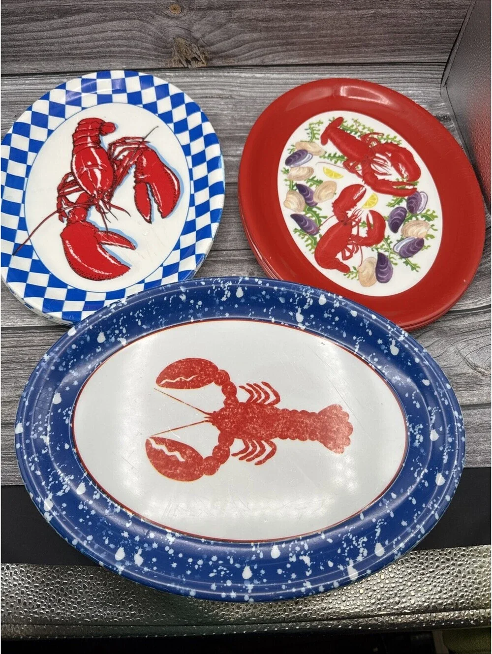 Vintage Lobster Platters Bundle Of 16 Blue Red White Melamine Coastal Beach